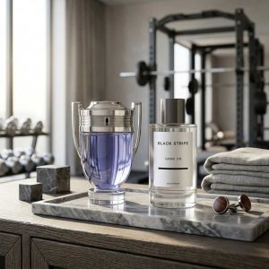 Paco Rabanne Invictus bottle next to Black Stripe Game On